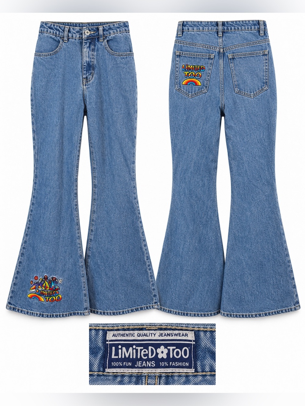 Limited Too Flare Jeans Embroidered Bell Bottom Blue Size 16